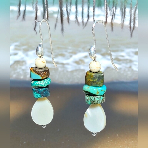 Handmade Sterling Silver Hook Earrings with Turquoise and Mother of Pearl Beads - Picture 4 of 5